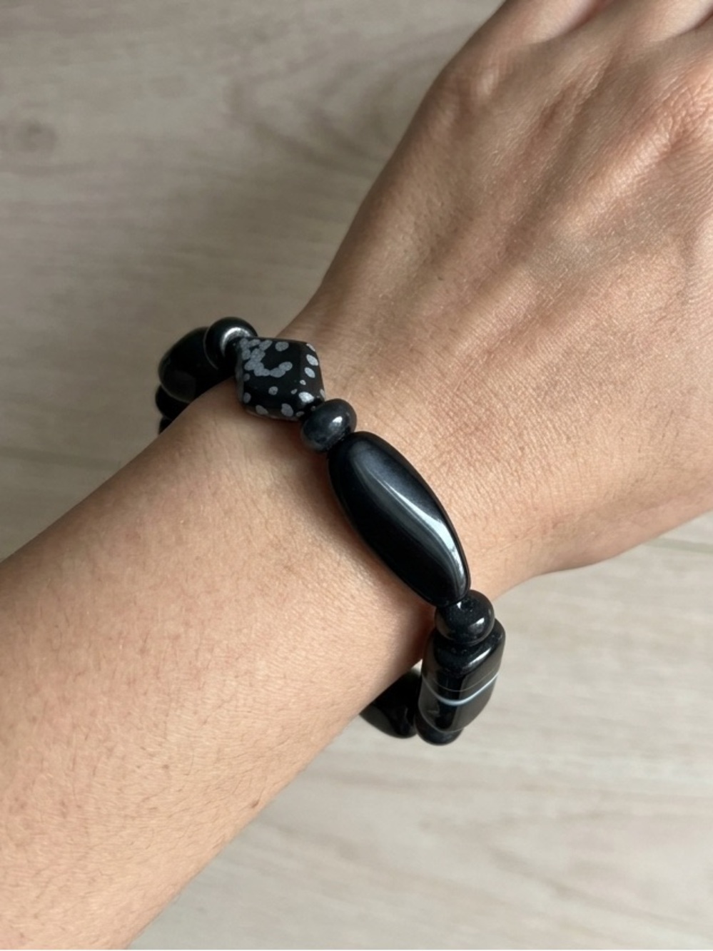 Handmade Banded Black Agate, Snowflake Obsidian Stretch Bracelet Size 6